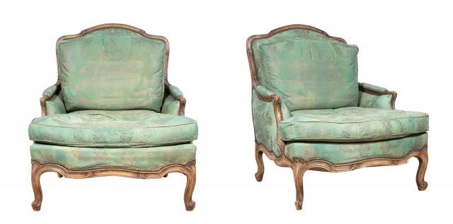 Pair of Louis XV Style Silk Upholstered Bergères (1 of 5)