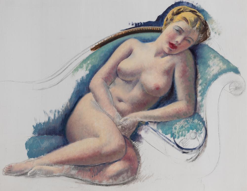 Leon Kroll American, 1884-1974 Reclining Nude: Leon KrollAmerican, 1884-1974Reclining NudeSigned Leon Kroll (lr)Mixed media with oil and charcoal on prepared heavy paper18 1/2 x 23 3/8 inches (47 x 58.4 cm)C