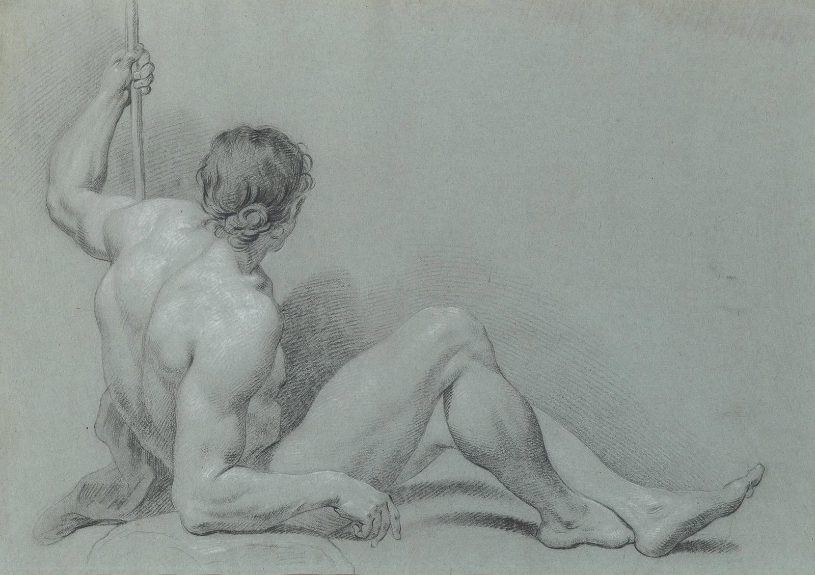French School 18th-19th Century A Reclining Academic: French School 18th-19th Century A Reclining Academic Male Nude Leaning on One Arm Black and white chalk with stump on blue paper 18 1/8 x 24 5/8 inches (46.4 x 62.6 cm) C