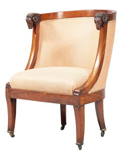 Empire Mahogany Bergere: Empire Mahogany Bergere In the manner of Georges Jacob, first quarter 19th century Height 31 1/2 inches (80 cm), width 24 inches (61 cm), depth of 22 inches (55.9 cm). Provenance: Christie's, New York