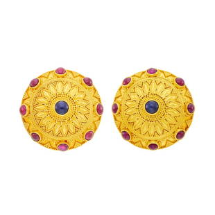 Ilias Lalaounis Pair of Gold and Cabochon Colored Stone: Ilias Lalaounis Pair of Gold and Cabochon Colored Stone Earclips 18 kt., 2 round cabochon sapphires, 16 round cabochon rubies, signed Greece, with maker's mark, ap. 19.7 dwts. C