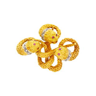 Ilias Lalaounis Two-Color Gold and Diamond Chimera: Ilias Lalaounis Two-Color Gold and Diamond Chimera Brooch 18 kt. yellow and white gold, round ruby eyes, single-cut diamonds, signed Ilias Lalaounis, ap. 21.6 dwts. C