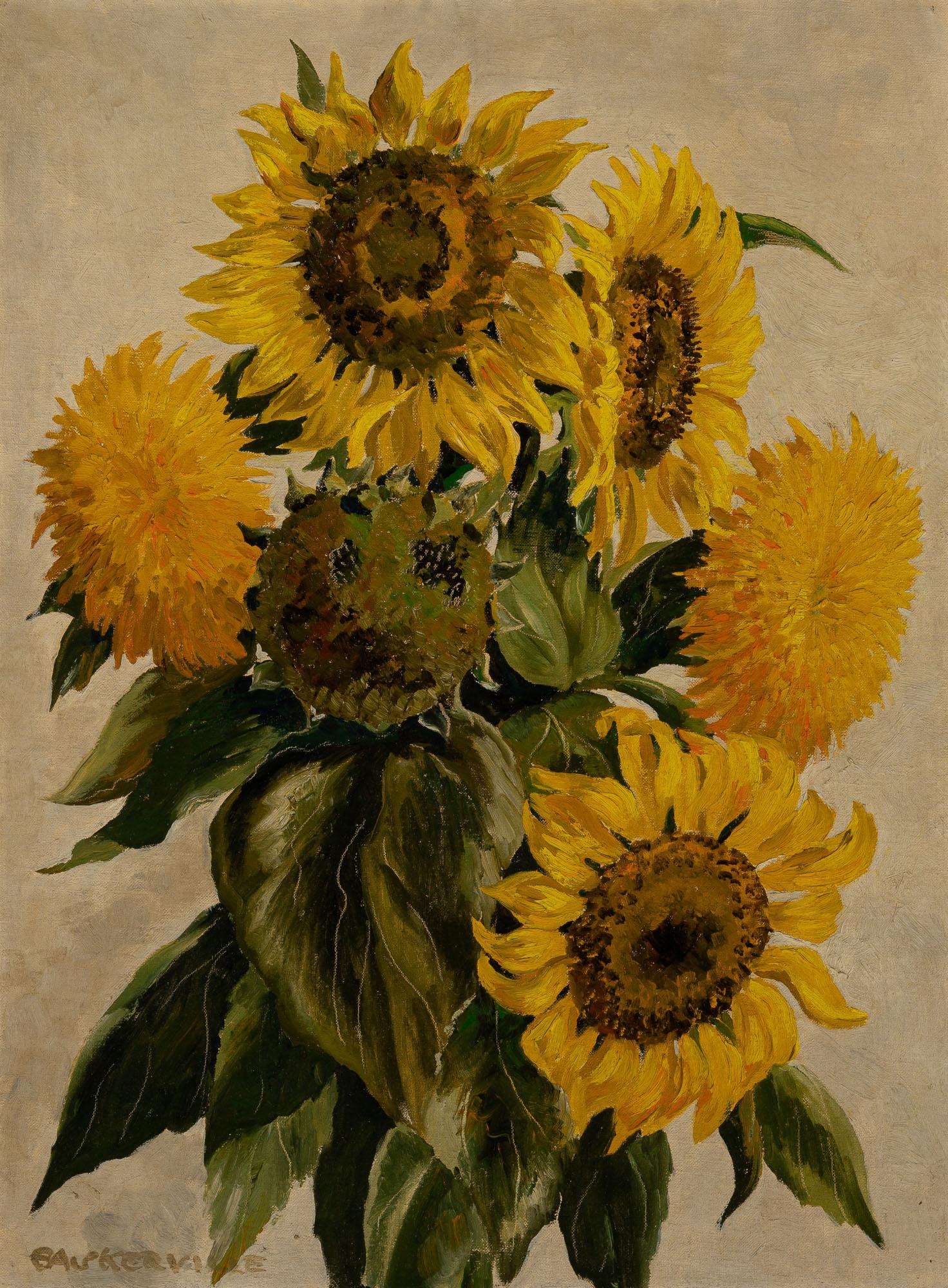 Charles Baskerville Jr. American, 1896-1994 Sunflowers: Charles Baskerville Jr. American, 1896-1994 Sunflowers Signed BASKERVILLE (ll); inscribed HAMILTON FARM on the reverse Oil on canvasboard 24 x 18 inches (61 x 45.7 cm) C The Estate of June Marston Dys