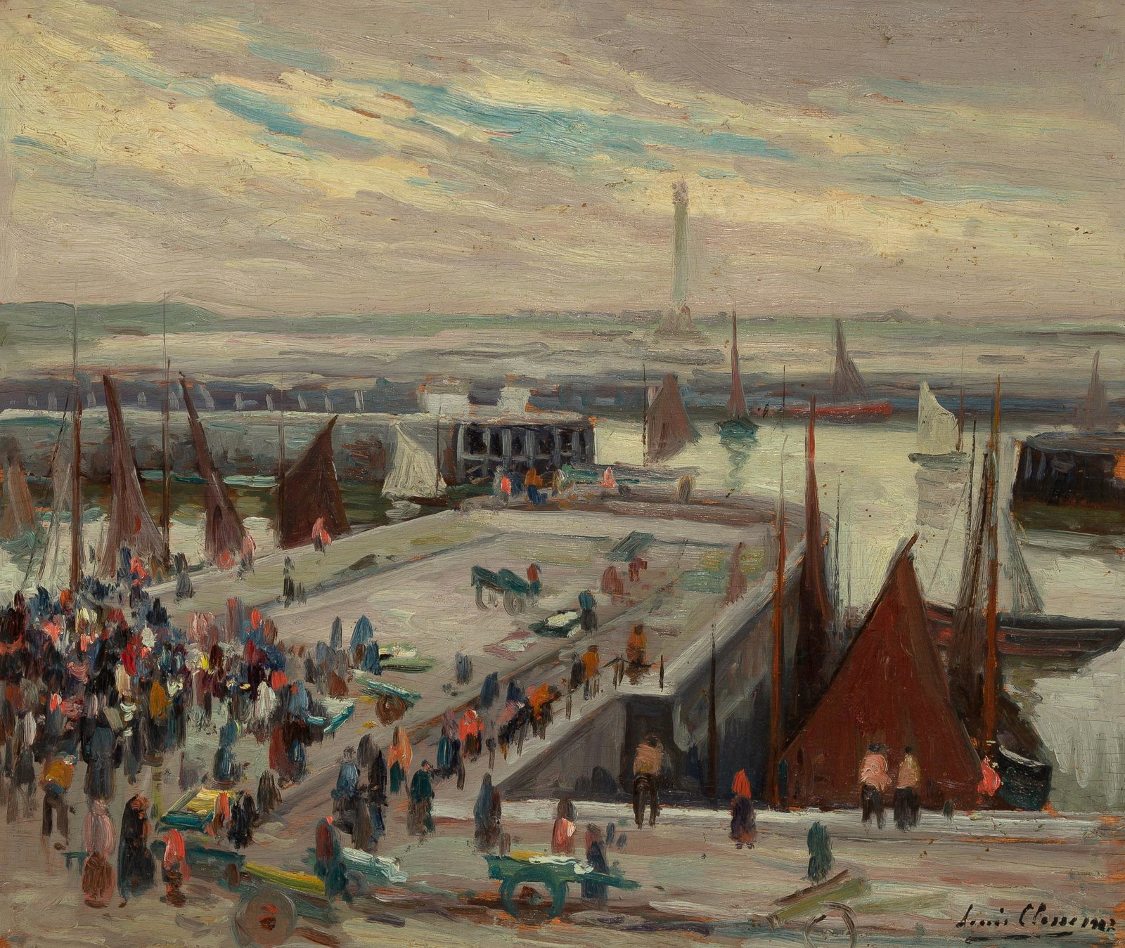 Louis Lieven Theophile Clesse Belgian, 1889-1961 Port: Louis Lieven Theophile Clesse Belgian, 1889-1961 Port of Ostend Signed and dated Louis Clesse 19... (lr); inscribed N26 and Au Port / Louis Clesse on the reverse Oil on panel 21 3/4 x 25 1/2 inches (5