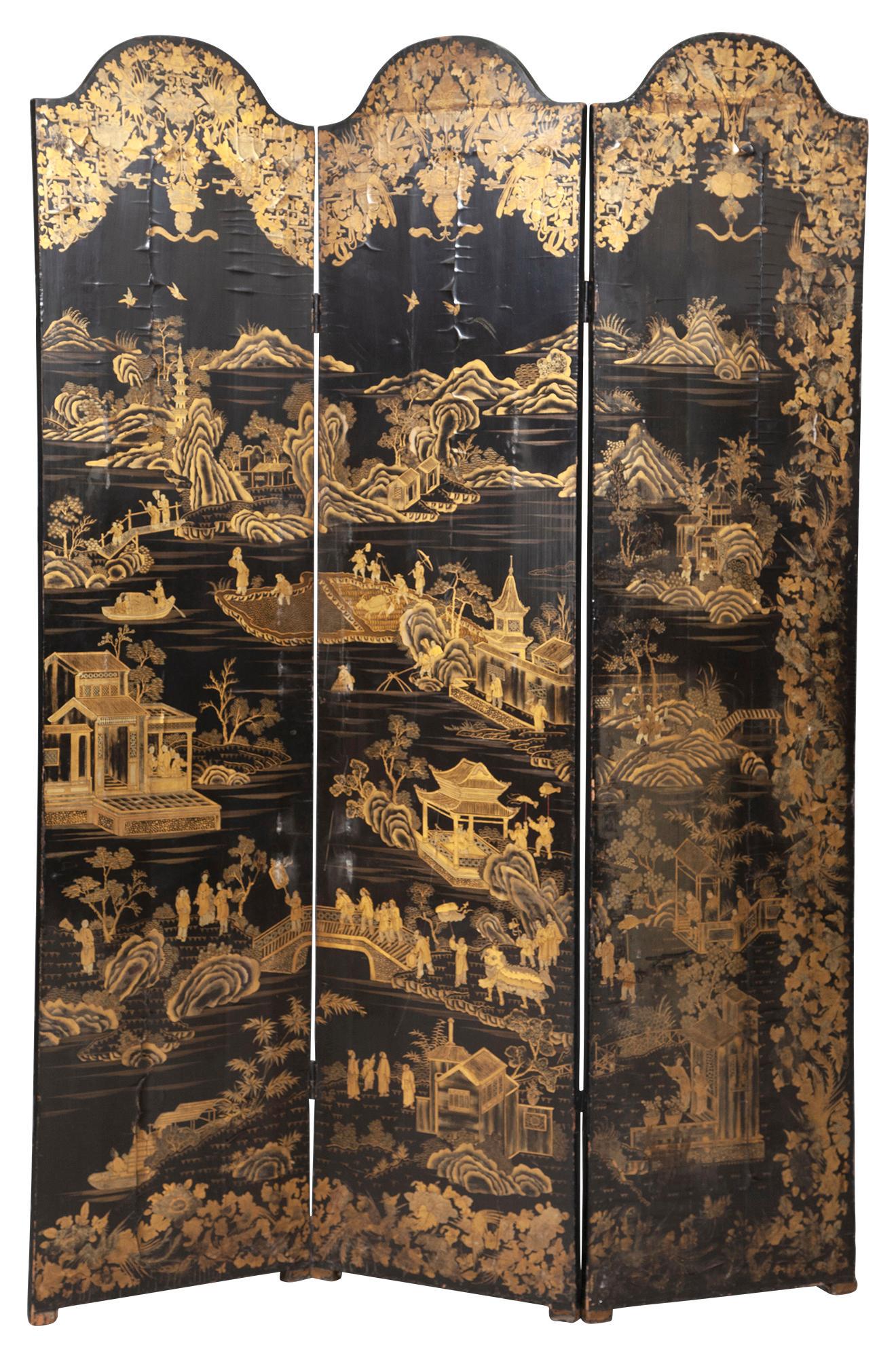 Chinese Black Lacquer and Parcel-Gilt Three-Fold Screen (1 of 9)