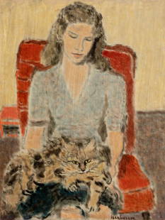 Eric Isenburger American, 1902-1944 Girl With Cat: Eric IsenburgerAmerican, 1902-1944Girl With CatSigned isenburger (lr)Oil on canvas20 1/4 x 15 3/4 inches (51.4 x 40 cm) Exhibited:New York, Whitney Museum of Art, European Artists in America, Mar. 12-