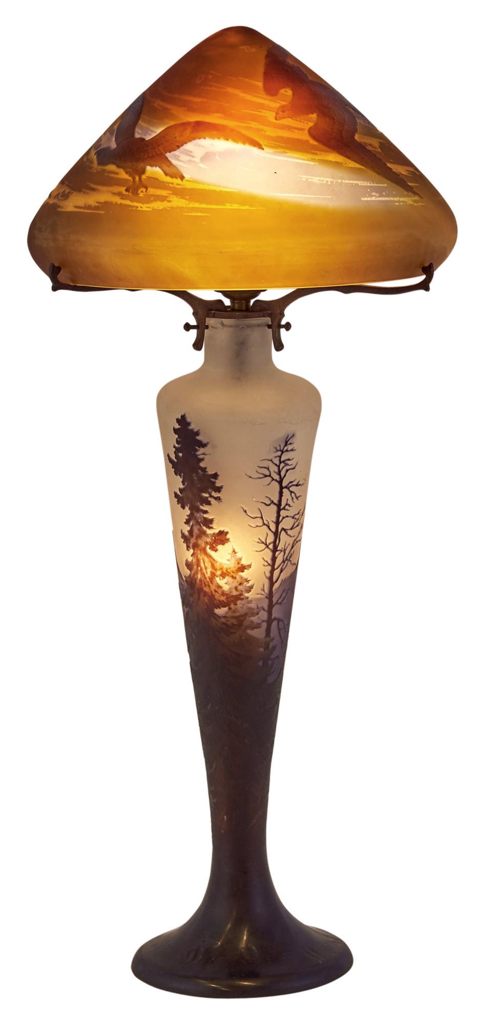 Gallé Metal-Mounted Acid-Etched Cameo Glass Lamp (1 of 15)