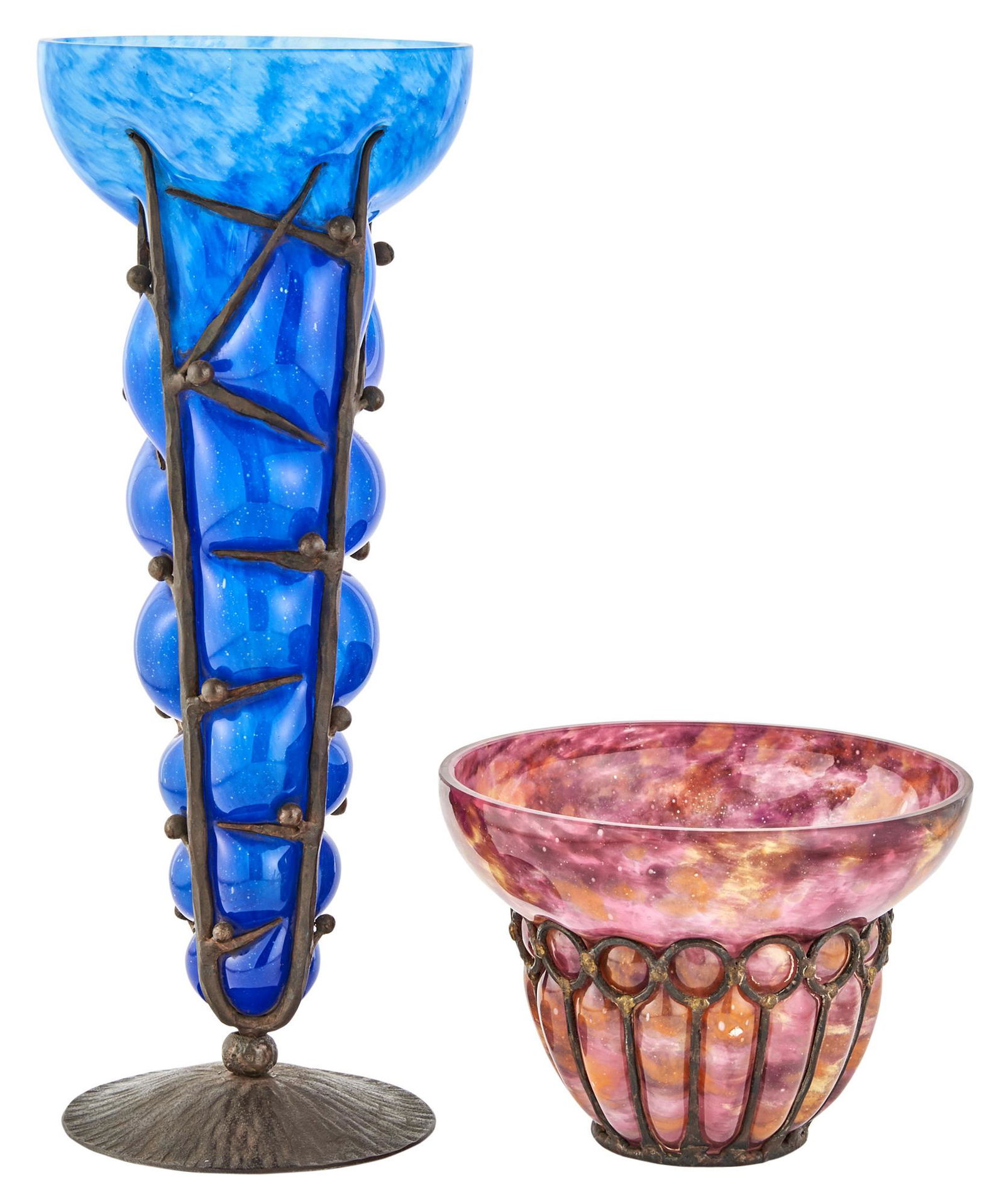 Two Schneider Art Deco Iron and Blow-Out Glass Vases (1 of 5)