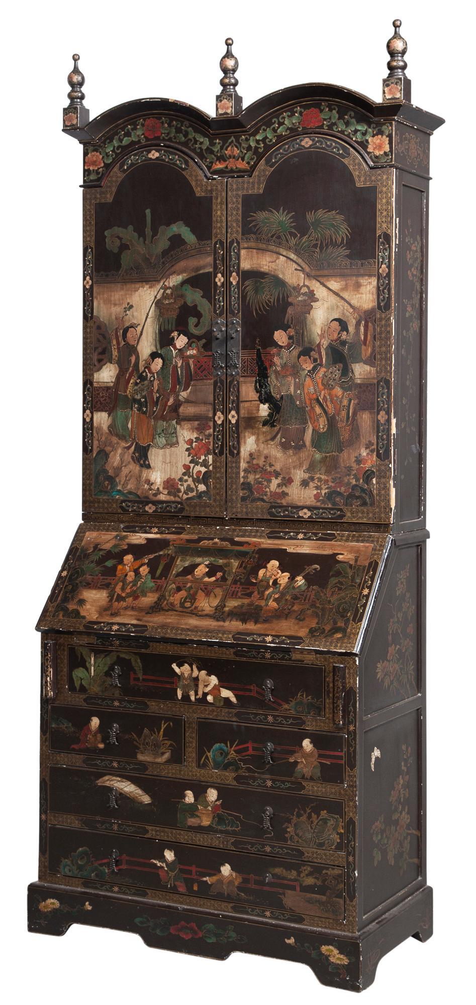 Queen Anne Style Faux Coromandel Lacquer Bureau Cabinet: Queen Anne Style Faux Coromandel Lacquer Bureau CabinetHeight 7 feet 8 inches, width 39 1/2 inches, depth 18 3/4 inches. C