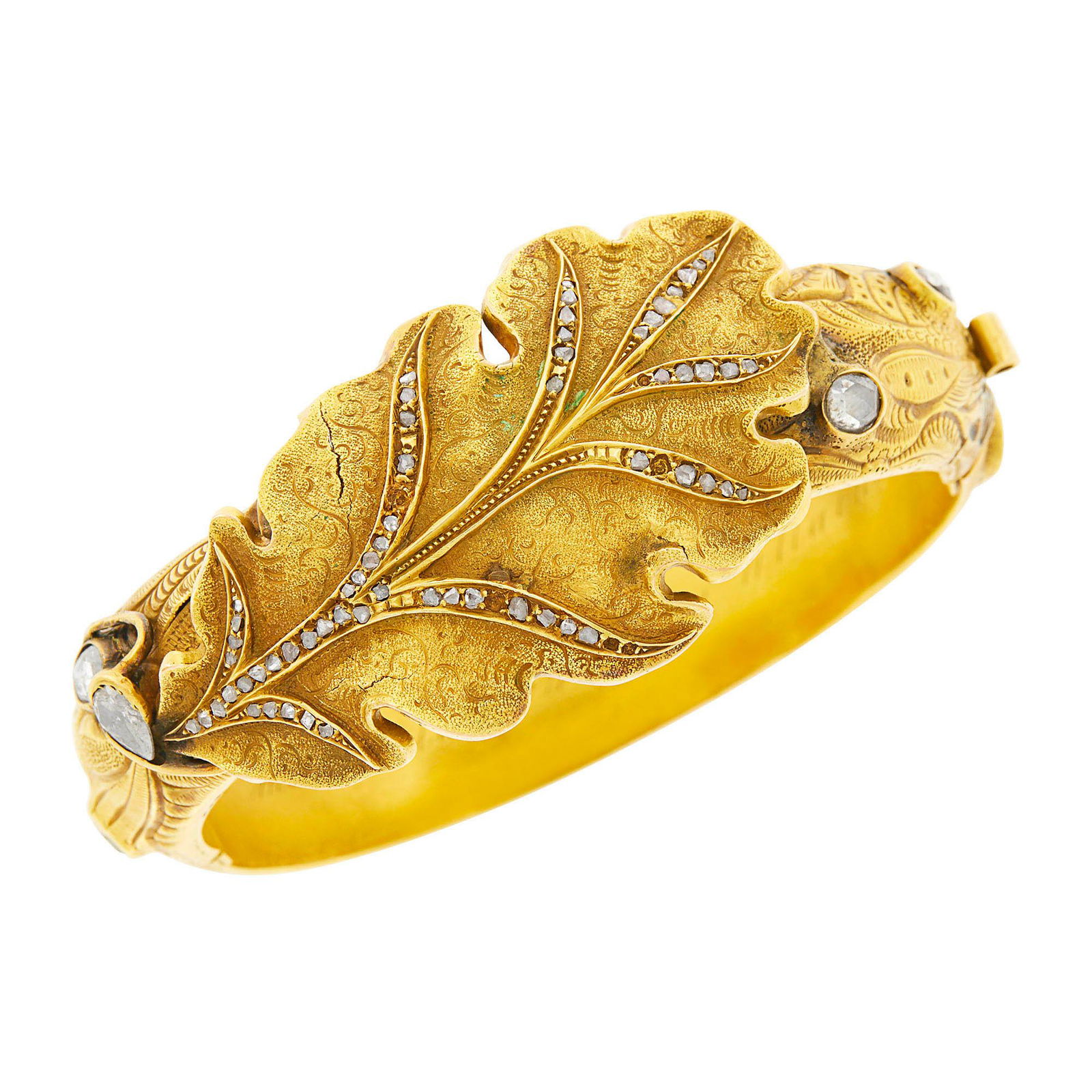 Gold and Diamond Leaf Bangle Bracelet (1 of 2)