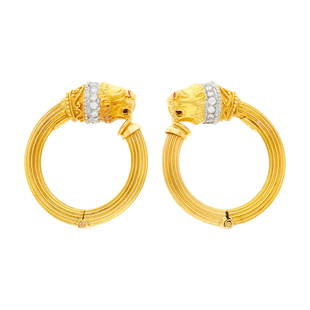 Attributed to Ilias Lalaounis Pair of Two-Color Gold: Attributed to Ilias Lalaounis Pair of Two-Color Gold and Diamond Chimera Head Hoop Earclips 18 kt. yellow and white gold, 28 round diamonds ap. .85 ct., small round ruby eyes, signed Greece, no. C12,