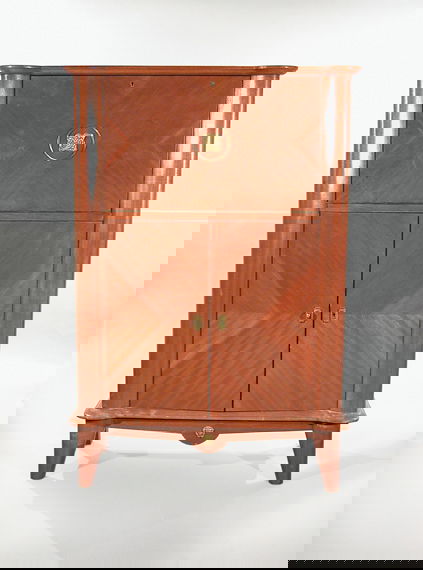 Art Deco Gilt-Metal Mounted Mahogany Secretaire a: Art Deco Gilt-Metal Mounted Mahogany Secretaire a Abattant Andre Arbus The rectangular top above a conforming case enclosing a fall front opening to reveal a partially mirrored interior with two thre