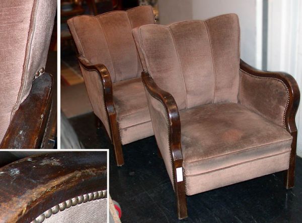 Pair of Art Deco Upholstered and Stained Fruitwoo: Pair of Art Deco Upholstered and Stained Fruitwood Fauteuils Andre Arbus Each padded back continuing to arm rests and padded sides, above a padded seat, raised on square legs, stamped A. Arbus.