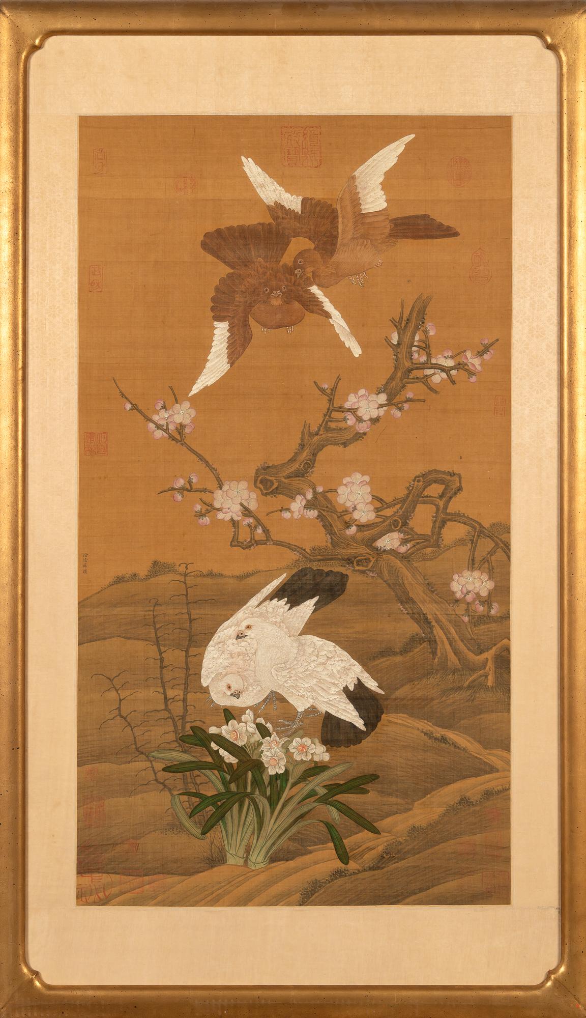 A Chinese School Painting After Xu Ji, depicting doves and blossoms, framed (1 of 4)