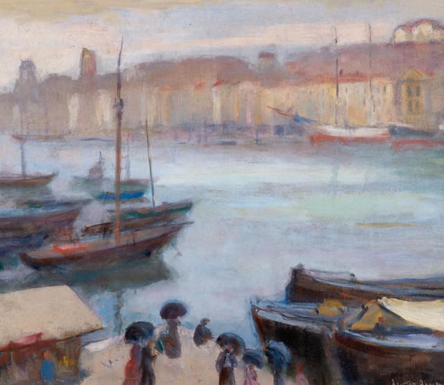 Lucien Abrams American, 1870-1941 Harbor, Rainy Day: Lucien Abrams American, 1870-1941 Harbor, Rainy Day American, 1870-1941 Harbor, Rainy Day Signed Lucien Abrams (lr) Oil on canvas 18 x 21 inches (45.7 x 53.3 cm) Provenance: Grand Central Art Gallerie