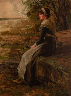 Charles Yardley Turner American, 1850-1919 Seated Woman in a Landscape, 1886: Charles Yardley Turner American, 1850-1919 Seated Woman in a Landscape, 1886 Signed C. Y. Turner and dated 1886 (ll); inscribed New Haven on the reverse Oil on panel 24 x 18 inches Provenance: Adele A