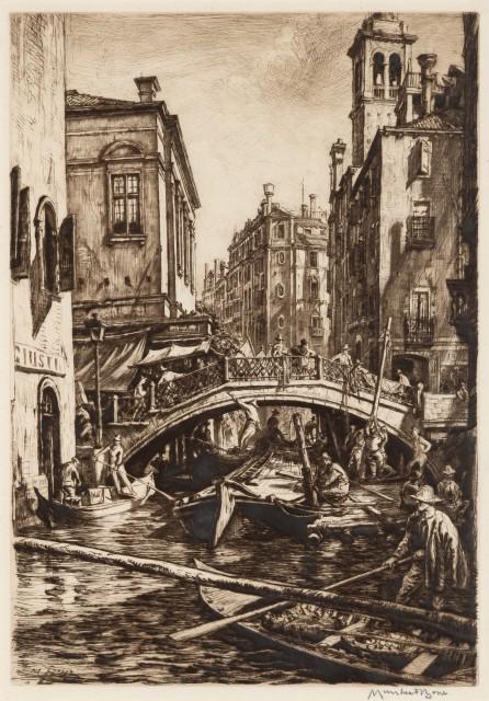 Muirhead Bone CANAL AND BRIDGE OF S S. APOSTOLI, VENICE (DODGSON 351) Drypoint, framed: Muirhead Bone (1876-1953) CANAL AND BRIDGE OF S S. APOSTOLI, VENICE (DODGSON 351) Drypoint, 1916, signed in pencil, framed. Plate 12 7/8 x 8 7/8 inches; 327 x 225 mm. Frame 21 1/4 x 16 3/8 inches; 540