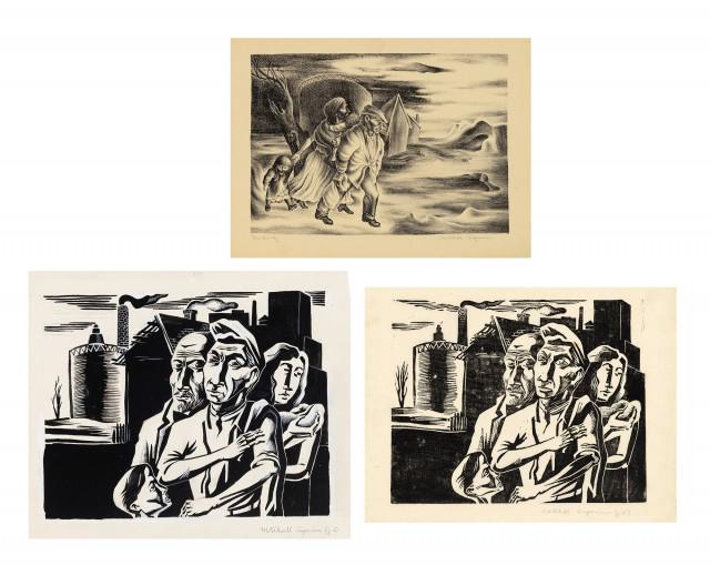Mitchell Siporin THE FAMILY; WORKERS FAMILY (2) A lithograph, an ink and graphite heightened with: Mitchell Siporin (1910-1976) THE FAMILY; WORKERS FAMILY (2) A lithograph, an ink and graphite heightened with white on paper and a linocut of the same image, 1937, the first signed and titled in penci