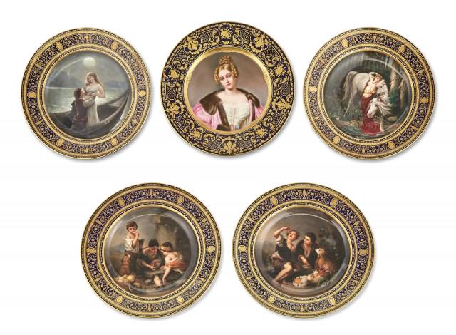 Set of 4 Vienna Style Gilt & Cobalt-Ground Porcelain Cabinet Plates; T/W a Hutschenreuther Gilt &: Set of Four Vienna Style Gilt and Cobalt-Ground Porcelain Cabinet Plates Attributed to Fischer & Mieg, retailed by Ernst Wahliss Each artist-signed Wagner on the front side and titled on the reverse s
