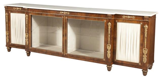 Empire Style Gilt-Metal Mounted Parcel Gilt Walnut Marble Top Breakfront Low Cabinet with Glazed (1 of 6)