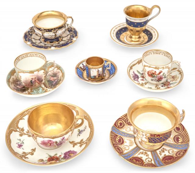 Group of Continental Gilt and Polychrome Decorated Porcelain Cups and Saucers (1 of 5)