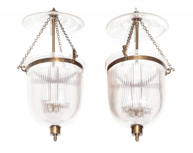 Pair of Victorian Style Patinated Metal and Colorless Glass Bell-Form Hall Lanterns with Smoke (1 of 4)