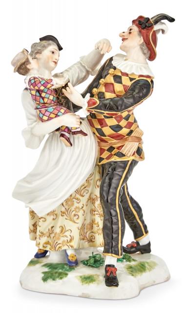 Meissen Porcelain Figural Group of Harlequin, Columbine and Child: Meissen Porcelain Figural Group of Harlequin, Columbine and Child After J.J. Kaendler Height 7 inches. C