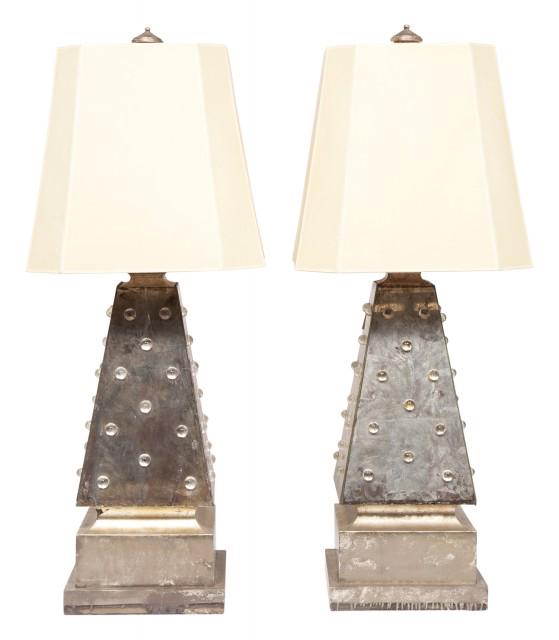 Pair of Silver Leaf and Mirrored Obelisk Form Lamps (1 of 4)