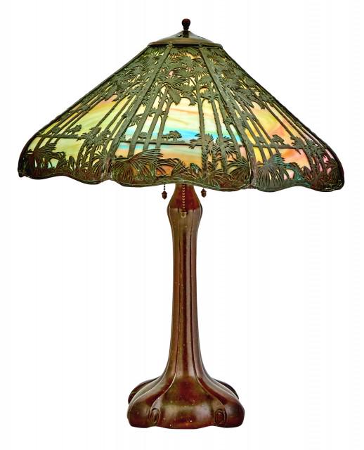 Handel Patinated Metal and Slag Glass Tropical Sunset Lamp (1 of 8)