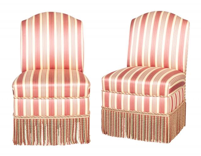 Pair of Upholstered Fringe Decorated Slipper Chairs: Pair of Upholstered Fringe Decorated Slipper Chairs Height 35 1/2 inches, width 21 inches, depth of seat 17 inches. C The Estate of a European Collector