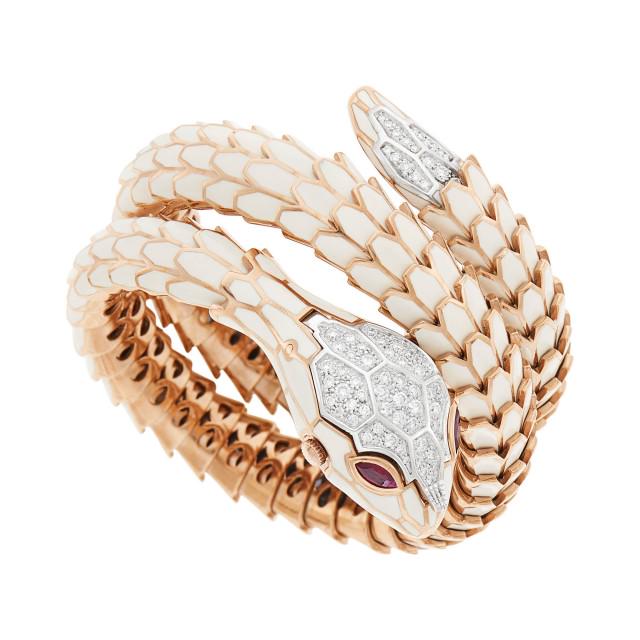 Alexis Rose Gold-Plated Silver, White Enamel and Diamond Snake Bracelet-Watch (1 of 3)