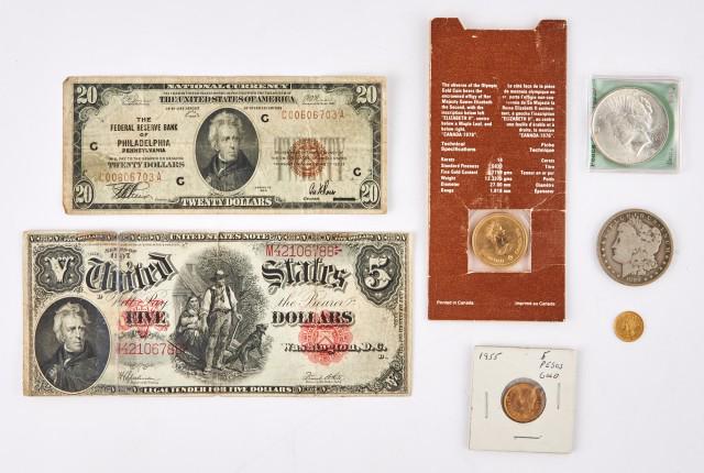 Mixed Coin and Bank Note Group lot of approximatelyy twenty-two coins and seven bank notes, 1907 $5 (1 of 2)