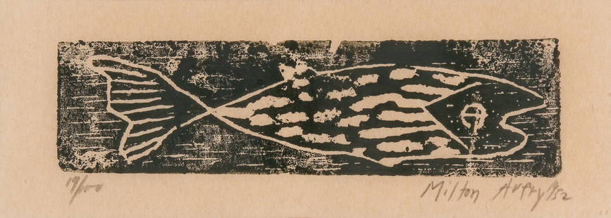 Milton Avery FISH (LUNN 41) Woodcut, framed: Milton Avery (1885-1965) FISH (LUNN 41) Woodcut, 1952, on Japan paper, signed and numbered 19/100 in pencil, with wide margins, framed. Image 2 1/2 x 9 inches; 64 x 229 mm. Sheet 7 7/8 x 15