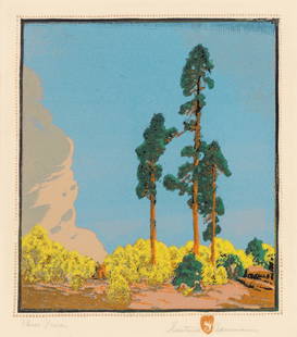 Gustave Baumann THREE PINES (CHAMBERLAIN 109.1) Color woodcut, framed: Gustave Baumann (1881-1971) THREE PINES (CHAMBERLAIN 109.1) Color woodcut, 1926, on cream laid paper, signed and numbered No 37 of 100 in pencil and with the artist's hand-in-heart ink stamp, from