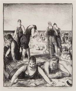 George Bellows BATHING BEACH (MASON 86) Lithograph, framed: George Bellows (1882-1925) BATHING BEACH (MASON 86) Lithograph, 1921, on Chine volant paper, signed and titled in pencil, also signed and inscribed imp by the printer, Bolton Brown, in pencil,