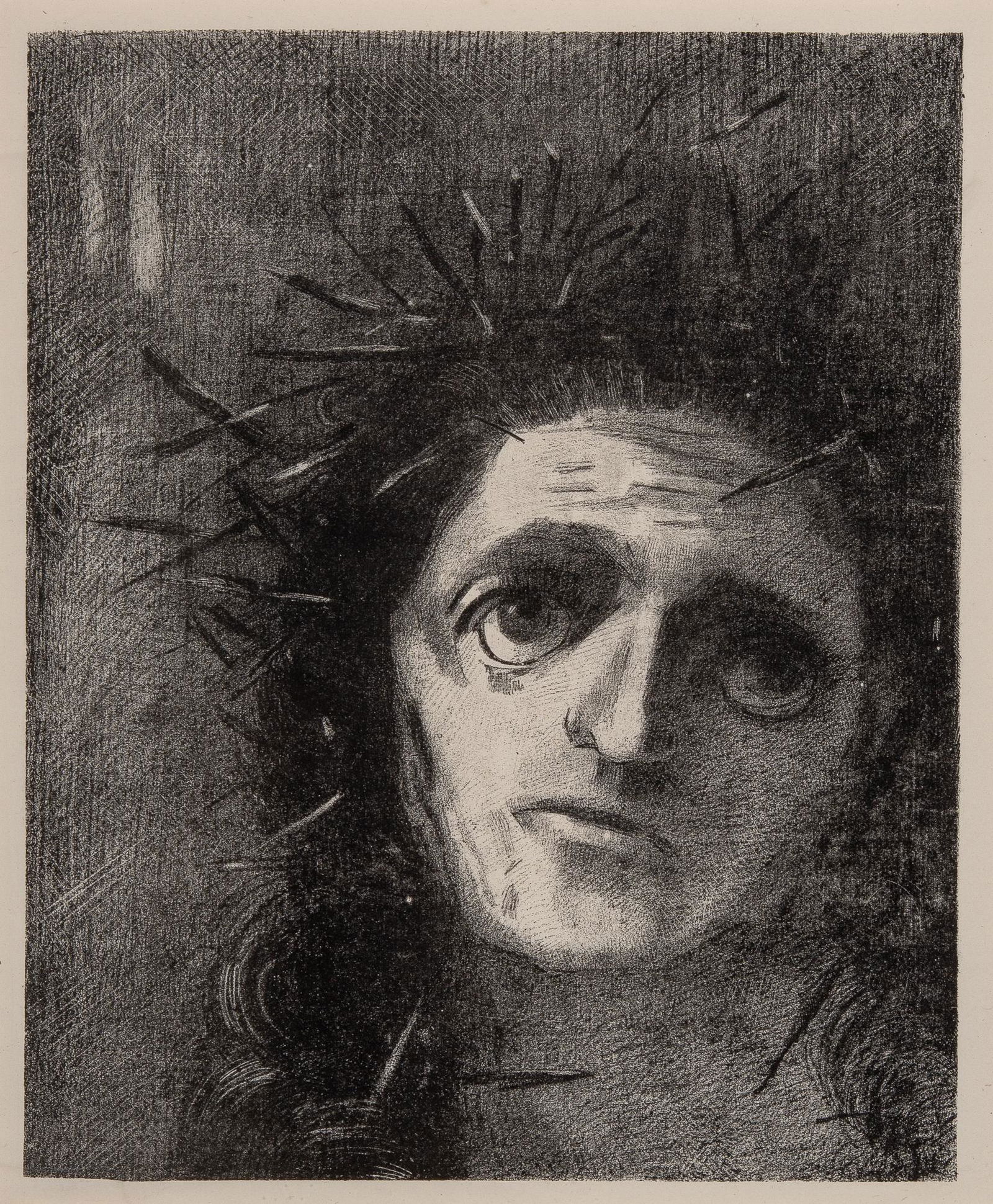 Odilon Redon CHRIST (MELLERIO 71) Lithograph, framed: Odilon Redon (1840-1916) CHRIST (MELLERIO 71) Lithograph, 1887, on Chine volant paper, printed by Lemercier, Paris, with full margins, framed. Image 13 3/16 x 10 3/4 inches; 335 x 273 mm. Sheet 17 1/2