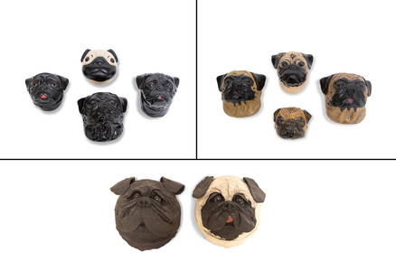 Two Papier Mache Masks of Pugs: Two Papier Mache Masks of Pugs Height of largest 9 inches; Together with Eight Ceramic and Plastic Masks of Pugs, length of largest 4 1/4 inches. C Estate of Brigid Berlin