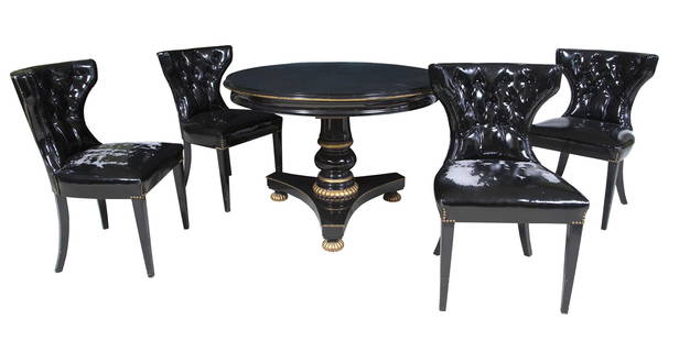 Empire Style Black and Gold Painted Extension Dining Table: Empire Style Black and Gold Painted Extension Dining Table 20th Century The circular top above a baluster-turned support, raised on a shaped triangular base. Height 29 3/4 inches, diameter 42 1/2 inch