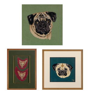 Two Brigid Berlin Needlepoint Pictures of Pugs: Two Brigid Berlin Needlepoint Pictures of Pugs Height of largest 13 3/4 inches, width 14 inches; Together with a Framed Pair of Fox Needlework Fragments C Estate of Brigid Berlin