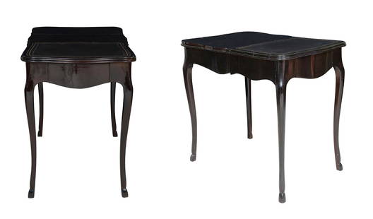 Pair of Black Lacquered Wood End Tables: Pair of Black Lacquered Wood End Tables 20th Century Each leather inset shaped rectangular top above a frieze drawer, raised on cabriole legs. Height 26 inches, width 28 inches, depth 19 inches. 