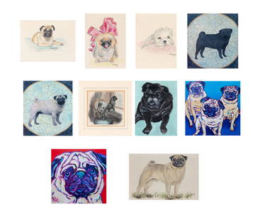 Group of Ten Dog Artworks: Group of Ten Dog Artworks (i) [PUGS] Two color reproduction prints Sight of each 4 1/2 x 4 1/2 inches (ii) Pet Pug Print Sight 5 x 5 inches (iii) 20th Century School Dogs: Three Signed indistinctly