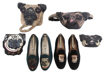 Group of Pug Decorated Fashion Articles Including Pieces Worked by Brigid Berlin: Group of Pug Decorated Fashion Articles Including Pieces Worked by Brigid Berlin Comprising two pairs of shoes, two handbags, a coin purse, and a beaded applique. C Estate of Brigid Berlin