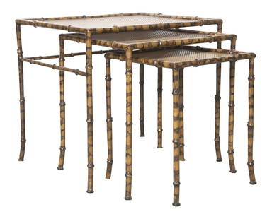 Nest of Three Faux Bamboo Painted Metal Occasional Tables: Nest of Three Faux Bamboo Painted Metal Occasional Tables 20th Century Largest height overall 18 1/2 inches, width 20 inches, depth 15 3/4 inches. C Estate of Brigid Berlin