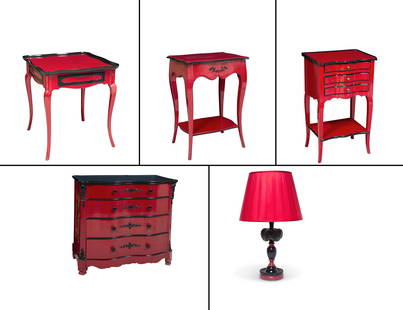 Group of Red Lacquered Wood Furniture: Group of Red Lacquered Wood Furniture 20th Century Comprising a serpentine front chest of drawers, decoupaged by Brigid Berlin, height 38 1/4 inches, width 43 1/2 inches, depth 22 1/2 inches; two