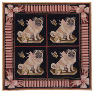 Framed Needlework Panel of Four Pugs Worked by Brigid Berlin: Framed Needlework Panel of Four Pugs Worked by Brigid Berlin Late 20th century Height 44 inches, width 45 inches. C Estate of Brigid Berlin