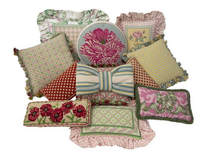 Group of Twelve Needlepoint Pillows Worked by Brigid Berlin: Group of Twelve Needlepoint Pillows Worked by Brigid Berlin Modern Various sizes C Estate of Brigid Berlin