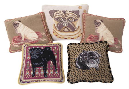 Group of Five Pug Decorated Needlepoint Pillows Worked by Brigid Berlin: Group of Five Pug Decorated Needlepoint Pillows Worked by Brigid Berlin Modern Various sizes. C Estate of Brigid Berlin