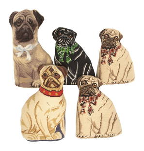 Group of Five Pug Decorated Needlepoint Pillows: Group of Five Pug Decorated Needlepoint Pillows Modern Various Sizes. C Estate of Brigid Berlin