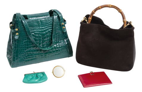 Judith Leiber Bag American, 1990s Brilliant jade green glazed crocodile skin with gilt-metal: Judith Leiber Bag American, 1990s Brilliant jade green glazed crocodile skin with gilt-metal fittings, signed LJudith Leiber copyright C New York. 10; Together with a Group of Women's Accessories, com