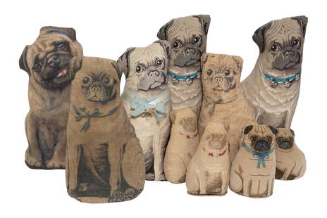 Group of Ten Pug Decorated Upholstered Pillows: Group of Ten Pug Decorated Upholstered Pillows 20th Century Various Sizes. C Estate of Brigid Berlin